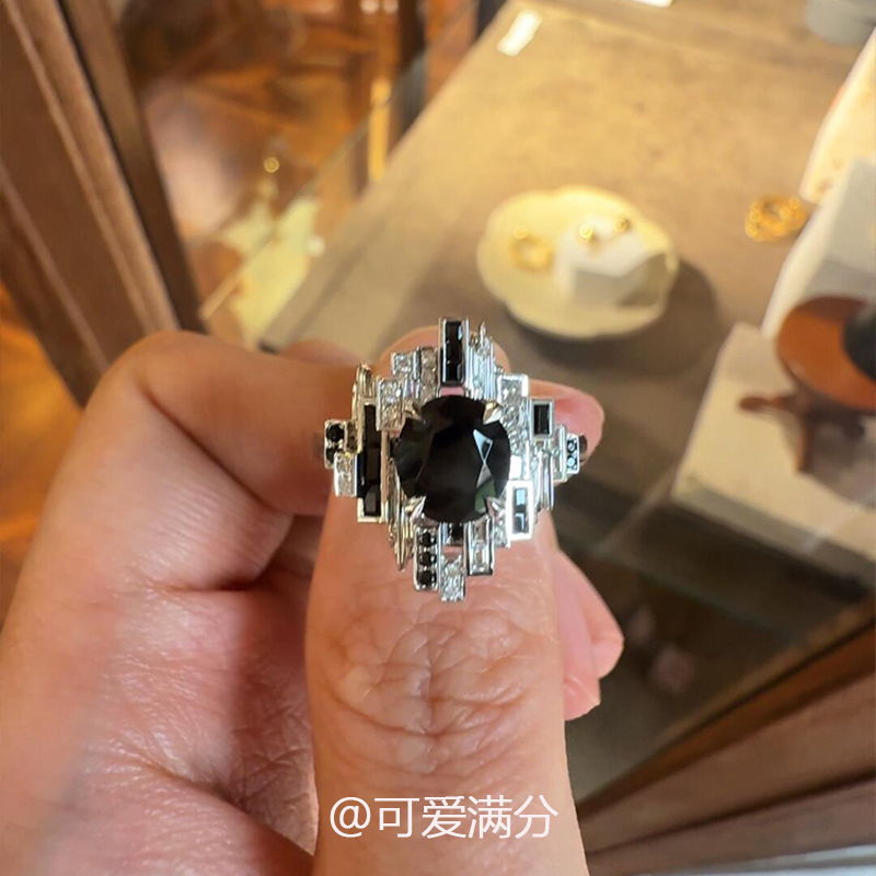 S925纯银黑色几何拼接戒指朋克风