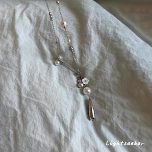 冷淡风仿珍珠长款水滴流苏项链轻奢小众百搭花朵锁骨链度假风颈链