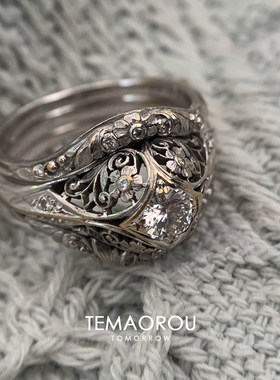 Vintage做旧银黑色镂空繁花戒指