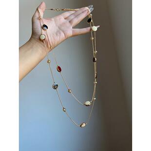 中古vintage双层虎眼石串珠项链女轻奢小众高级感毛衣链颈链配饰