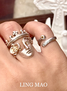 Vintage中古雕刻天使之面戒指女