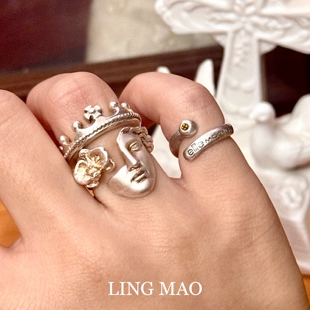 食指戒尾戒 Vintage中古雕刻天使之面戒指小众设计高级感独特个性