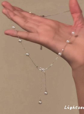 S925纯银韩系蝴蝶结珍珠流苏项链