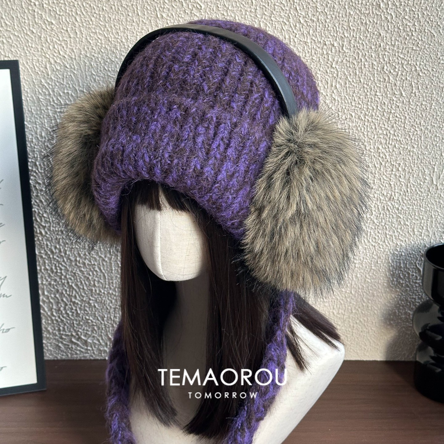 亚比风紫针织系带雷锋帽个性Y2K