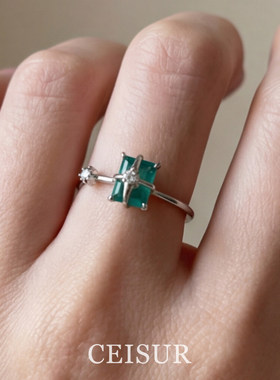 银色四芒星绿色方糖戒指小众轻奢