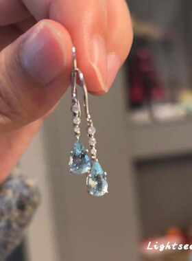 法式蓝色爆闪水滴流苏耳钉女清冷感气质超仙长款耳饰气质绝美百搭