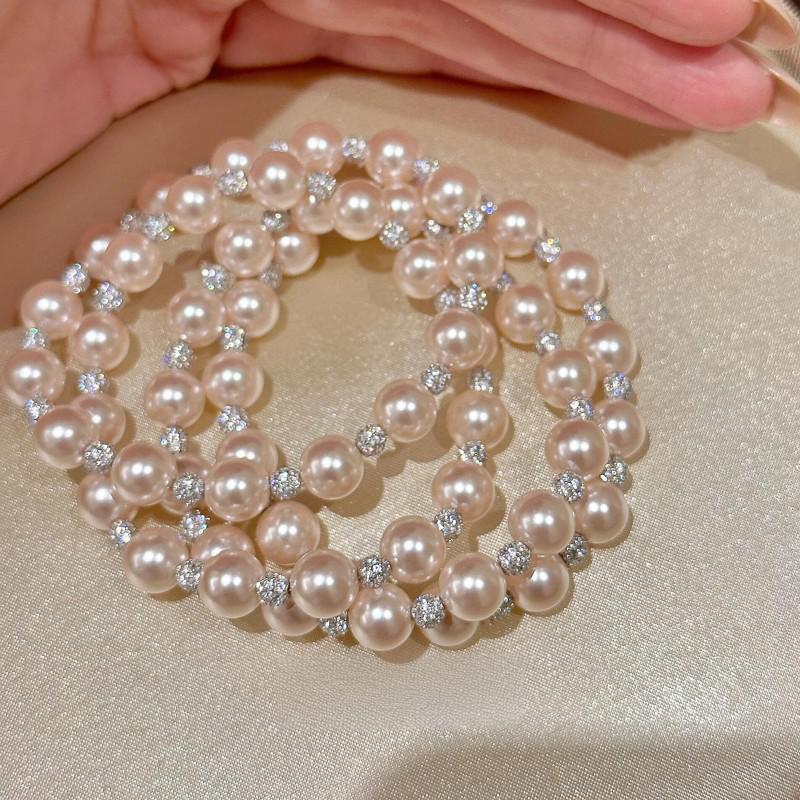 优质仿极光粉白珍珠满钻串珠手链