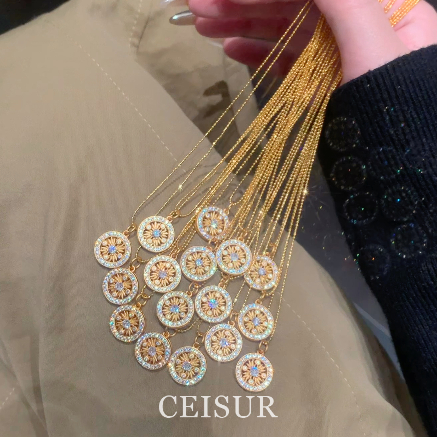 新中式金色闪钻仿珍珠罗盘吊坠项