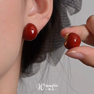 复古港风酒红色滴釉豆豆耳钉法式简约高级感耳环时尚气质显白耳饰