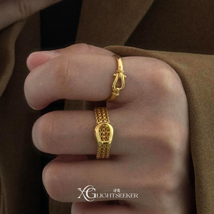 新中式复古金色马蹄扣戒指小众设计时尚尾戒本命年百搭食指戒指环