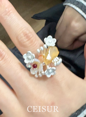 新中式手工串珠白色花朵戒指小众