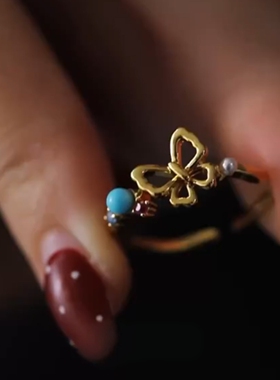 中古风金色蝴蝶仿绿松石戒指小众