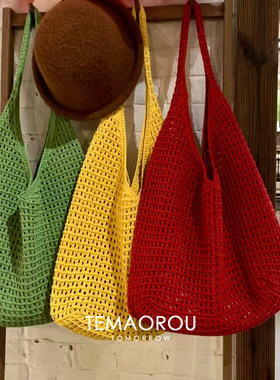 元气黄色编织大容量单肩包女2026新款托特包包时尚简约针织腋下包