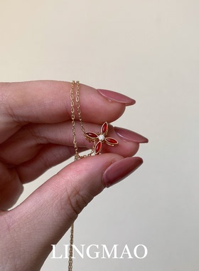 红色滴油四叶花瓣吊坠项链高级感