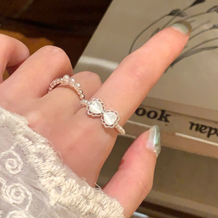 韩系甜美仿猫眼蝴蝶结珍珠戒指温柔气质食指戒高级感百搭叠戴指环