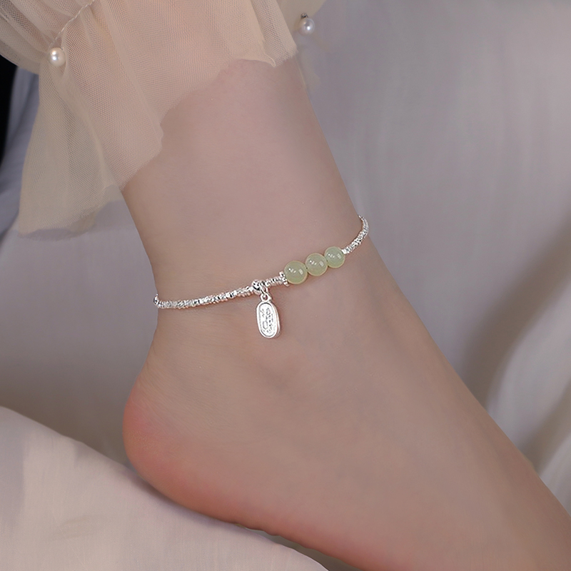 s925纯银碎银子福牌和田玉脚链女