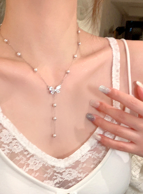 S925纯银度假风闪锆蝴蝶珍珠项链