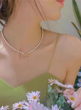 s925纯银蝴蝶结珍珠项链女锁骨链