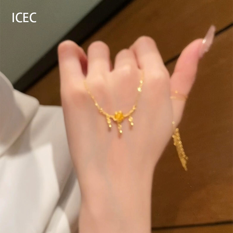 S925纯银新中式金色玫瑰花朵项链