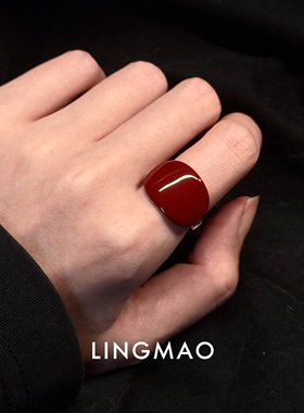 复古朱砂红方型几何戒指小众高级