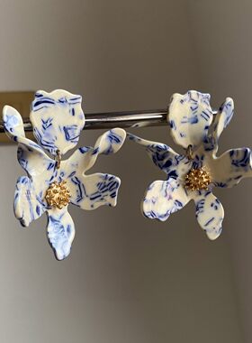复古青花瓷耳钉小众设计百搭时尚
