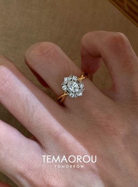 中古爆闪几何仿锆石鸽子蛋戒指女