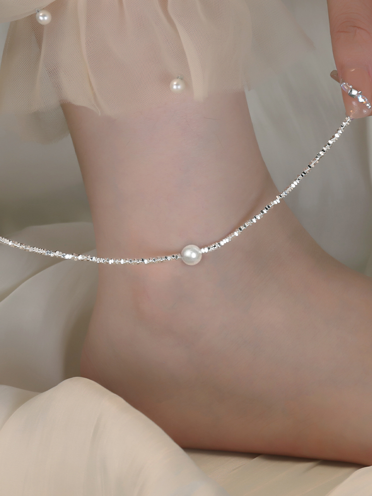 S925 Sterling Silver Broken Silver Pearl Anklet Women's 2024 New Explosive Style: Sense of Luxury, Light Luxury, Niche, Sparkling Anklet