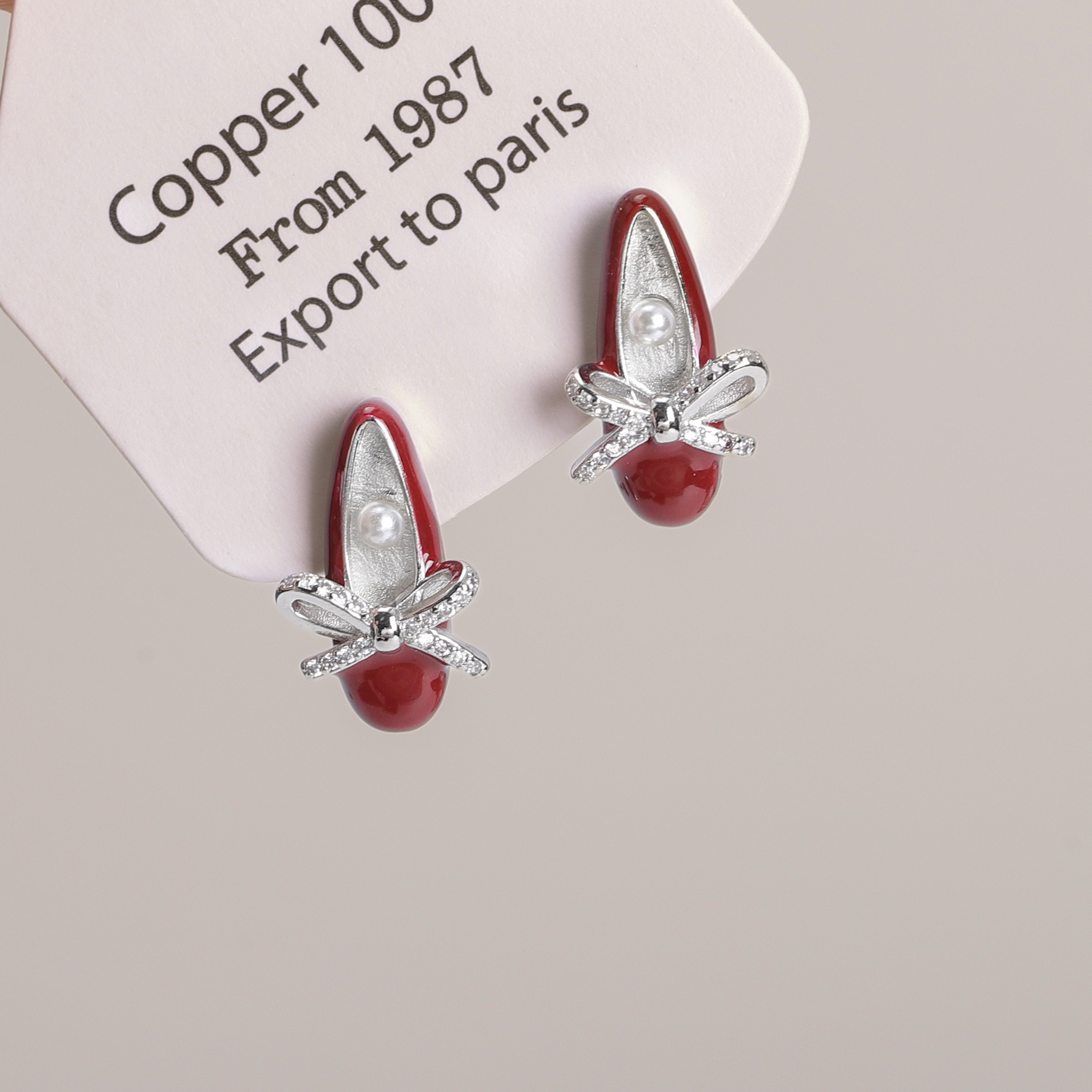 法式复古红色芭蕾舞鞋仿珍珠耳环