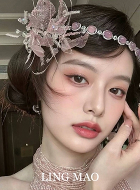 复古风闪钻羽毛发带女轻奢高级感