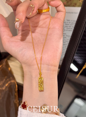 爆闪碎冰冰金色方条吊坠项链复古