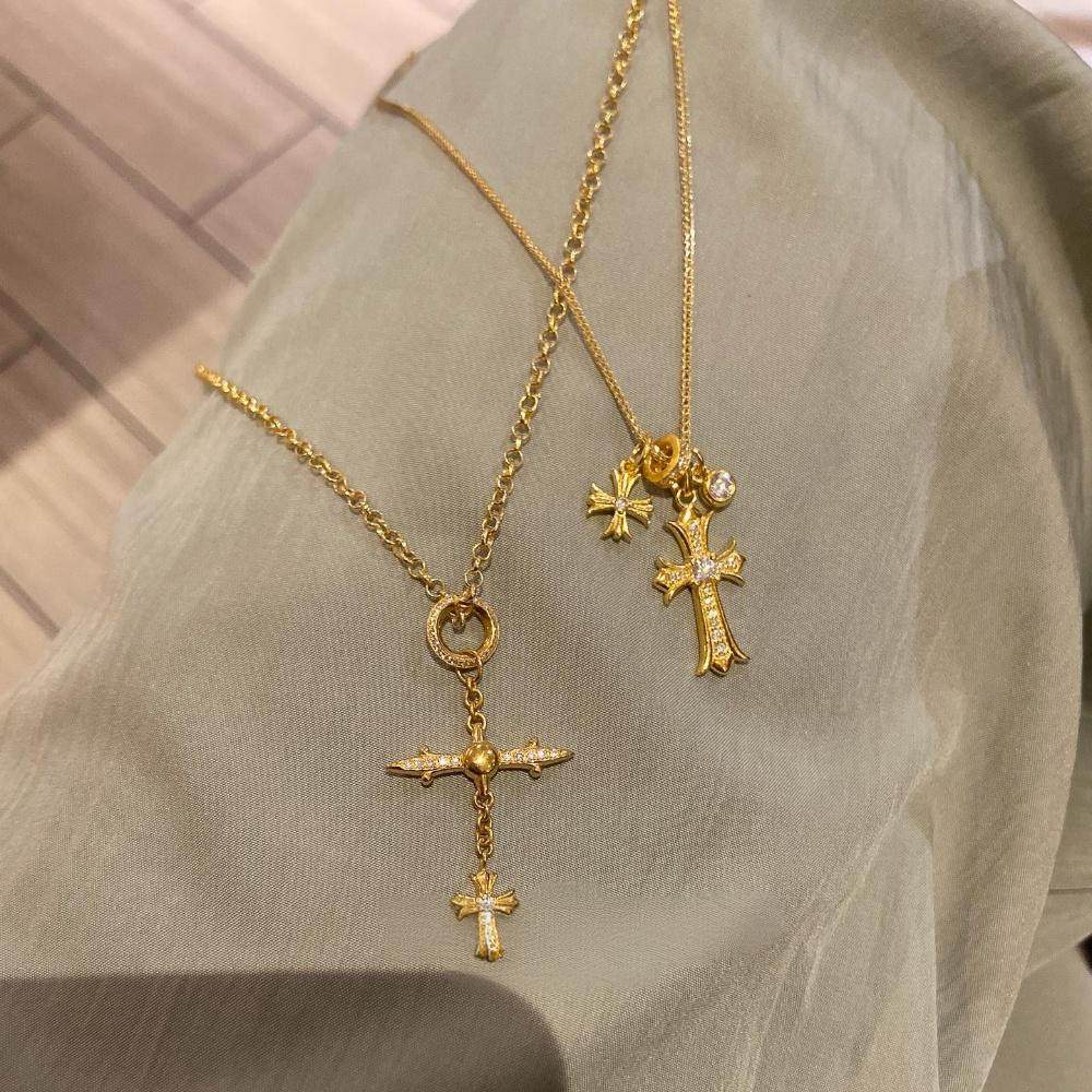 中古金色十字架吊坠细闪项链女小众独特设计锁骨链高级感百搭气质