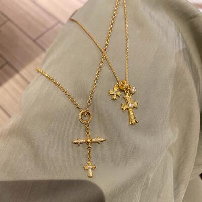 中古金色十字架吊坠细闪项链独特