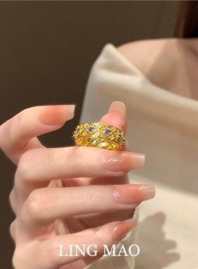 中古Vintage金色闪钻雕花戒指女