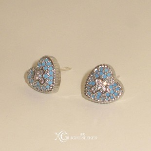 Vintage中古仿蓝松石满钻爱心十字架耳钉甜酷个性 超闪y2k独特耳饰