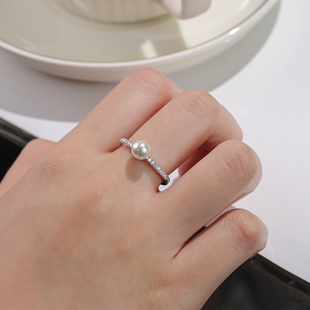 s925纯银仿珍珠戒指女款轻奢高级感小众设计开口2025新款爆款指环