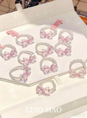 法式粉色蝴蝶结仿珍珠戒指甜美风