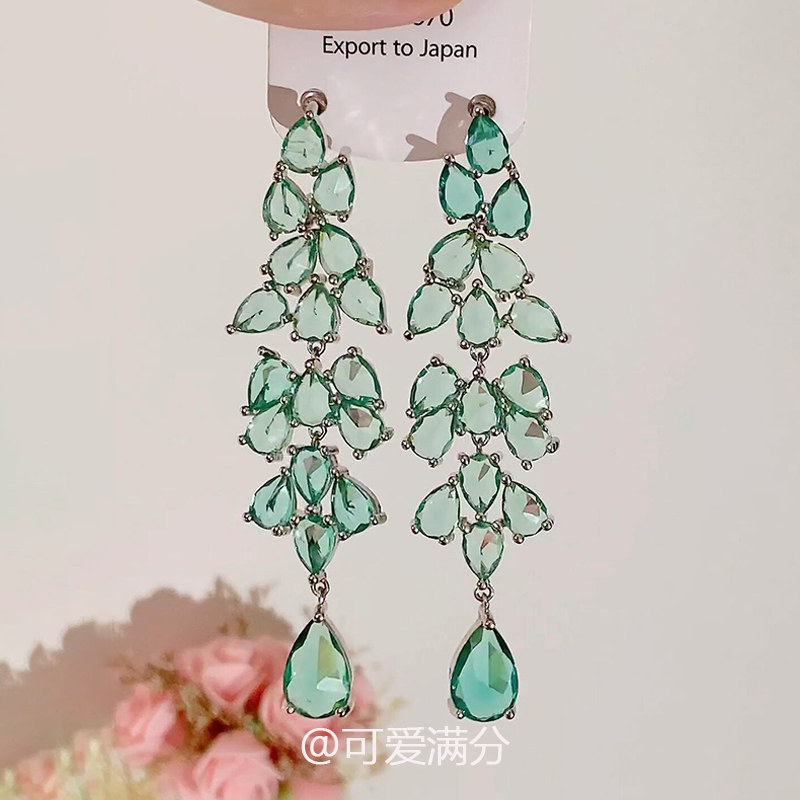 S925纯银薄荷曼波绿水滴流苏耳钉