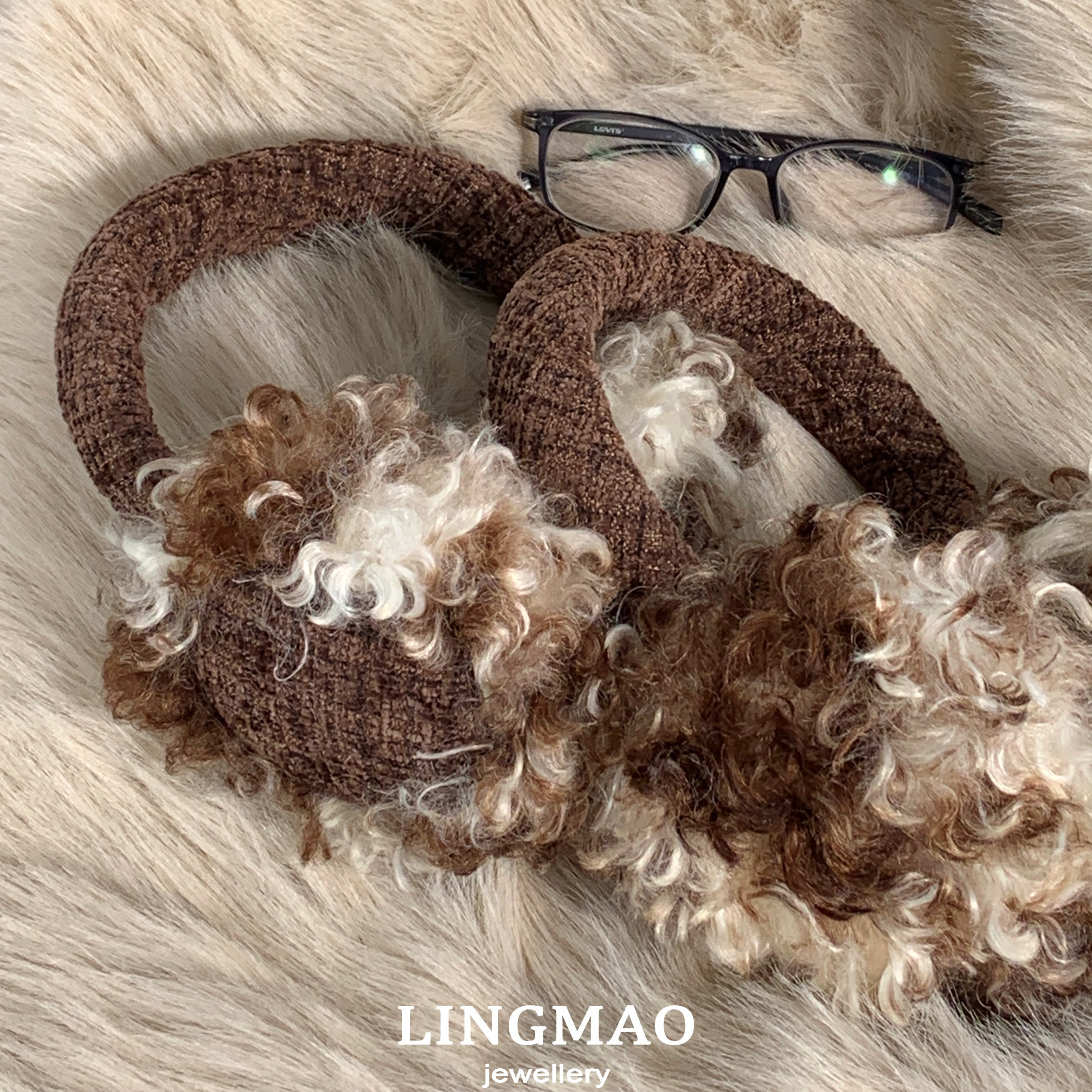 德文卷毛咖色千鸟格纹耳罩复古风加厚毛绒保暖冬季防风护耳套捂子