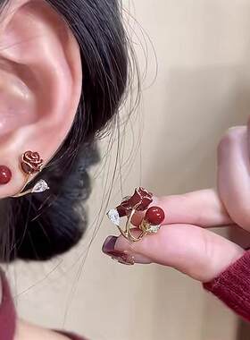 安可拉红色玫瑰花朵仿珍珠耳钉女