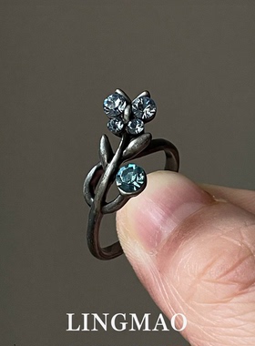 黑色仿锆石蝴蝶枝叶戒指时尚小众