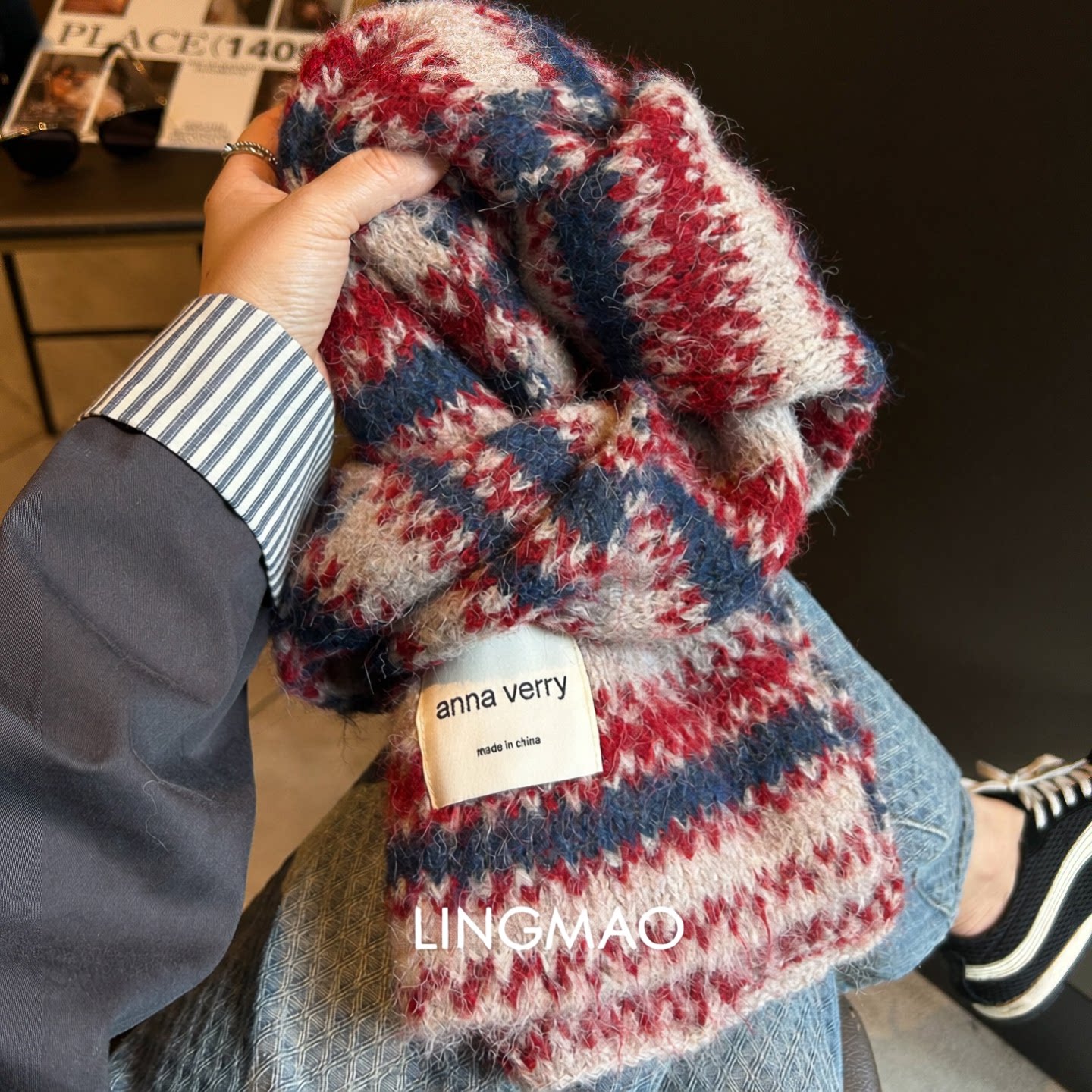 费尔岛风韩版条纹针织围巾女秋冬红色氛围感加厚保暖防寒情侣围脖