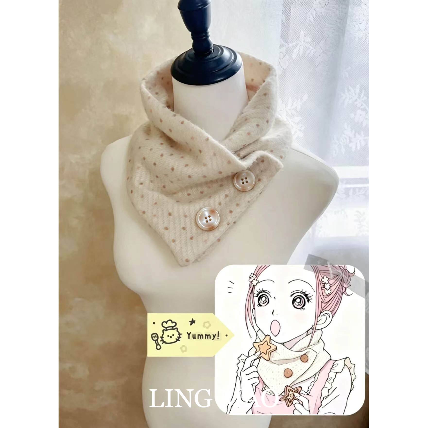 小松奈奈同款波点围巾女甜美可爱文艺风毛茸护颈围脖保暖秋冬新款