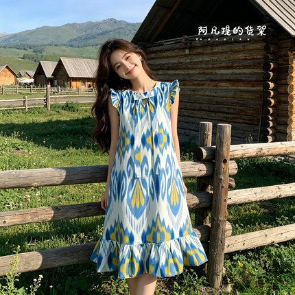 新疆旅游穿搭神器款连衣裙民族风印花艾德莱斯短裙飞飞袖可爱裙