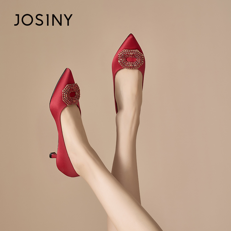 卓诗尼正品小矮跟红色水钻宴会鞋