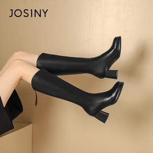 卓诗尼粗腿显瘦长筒靴女2025年秋冬新款黑色百搭粗跟气质通勤靴子