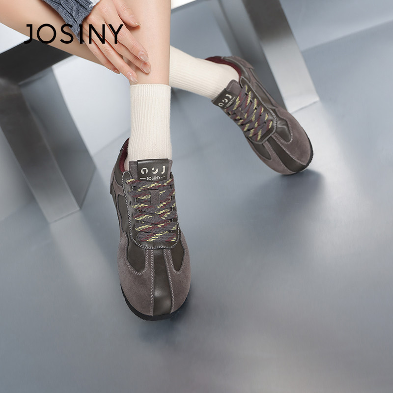 卓诗尼真皮德训鞋女2025年冬季新款百搭加绒复古拼接内增高板鞋子