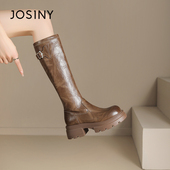 卓诗尼厚底长筒靴女2025年秋冬新款 复古长靴小个子显瘦粗跟骑士靴