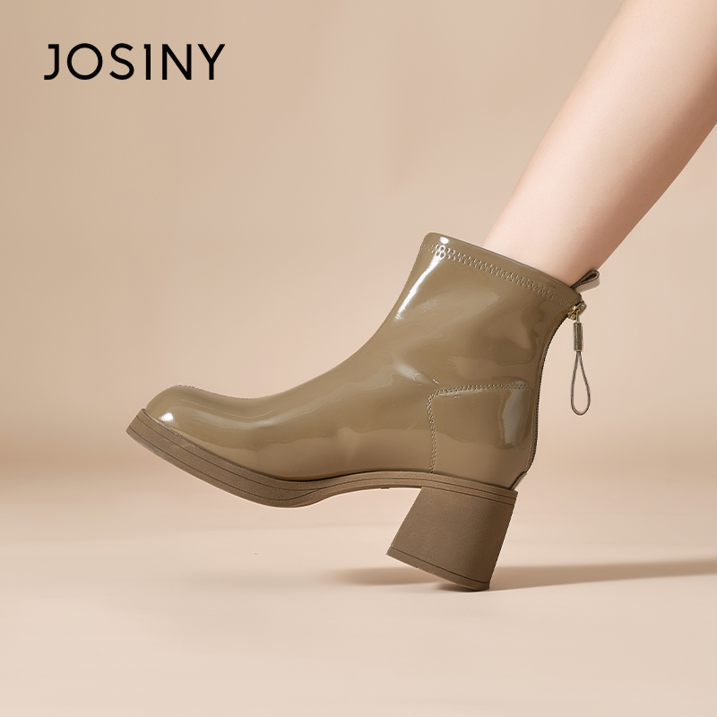 卓诗尼正品百搭漆皮亮面短靴女