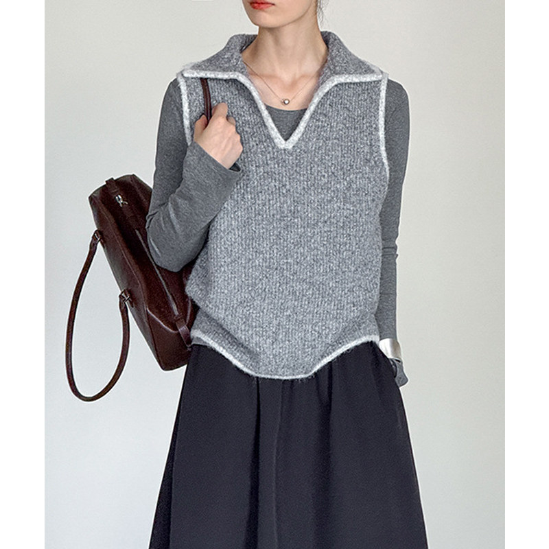 拼色翻领叠穿针织马甲背心女坎肩