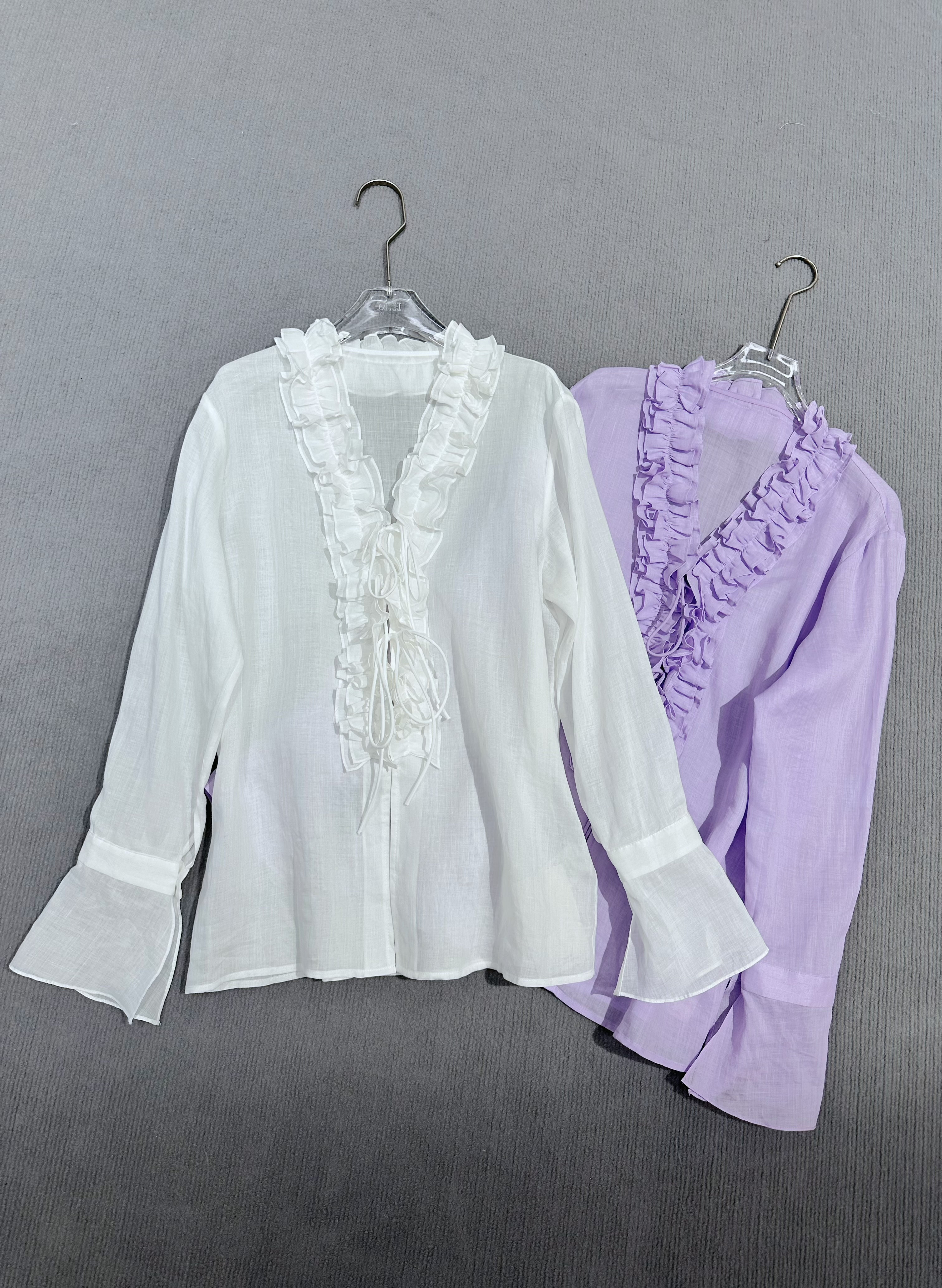 欧货100%苎麻面料重工木耳边V领系带设计微喇袖口减龄百搭衬衫,女装/女士精品,衬衫,淘宝优惠券,粉丝福利购,淘宝优惠卷